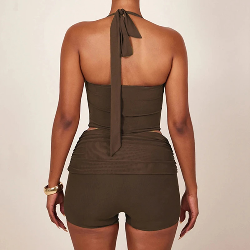 SUCHCUTE Two Piece Set Lace Up Halter Backless Fishbone Corset Crop Top Shorts Fashion Clubwear Women Streetwear Suit 250320
