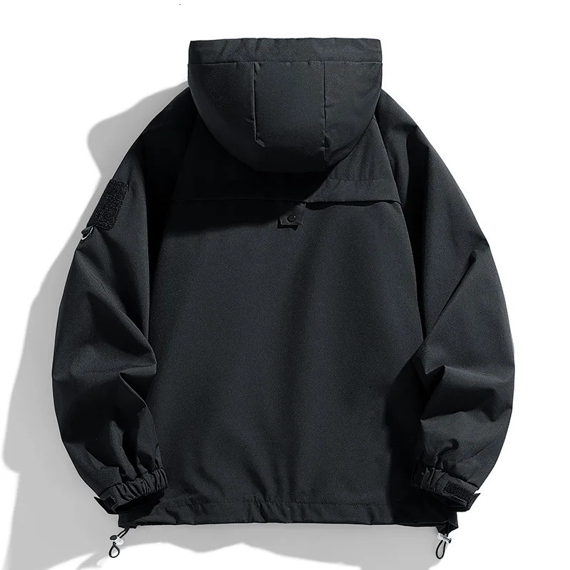 Windproof Mens Hooded Jacket Zipper Jacket Cargo Waterproof Black Bomber Camping Loose Soft Shell Hooded Hiking Jacket 250320