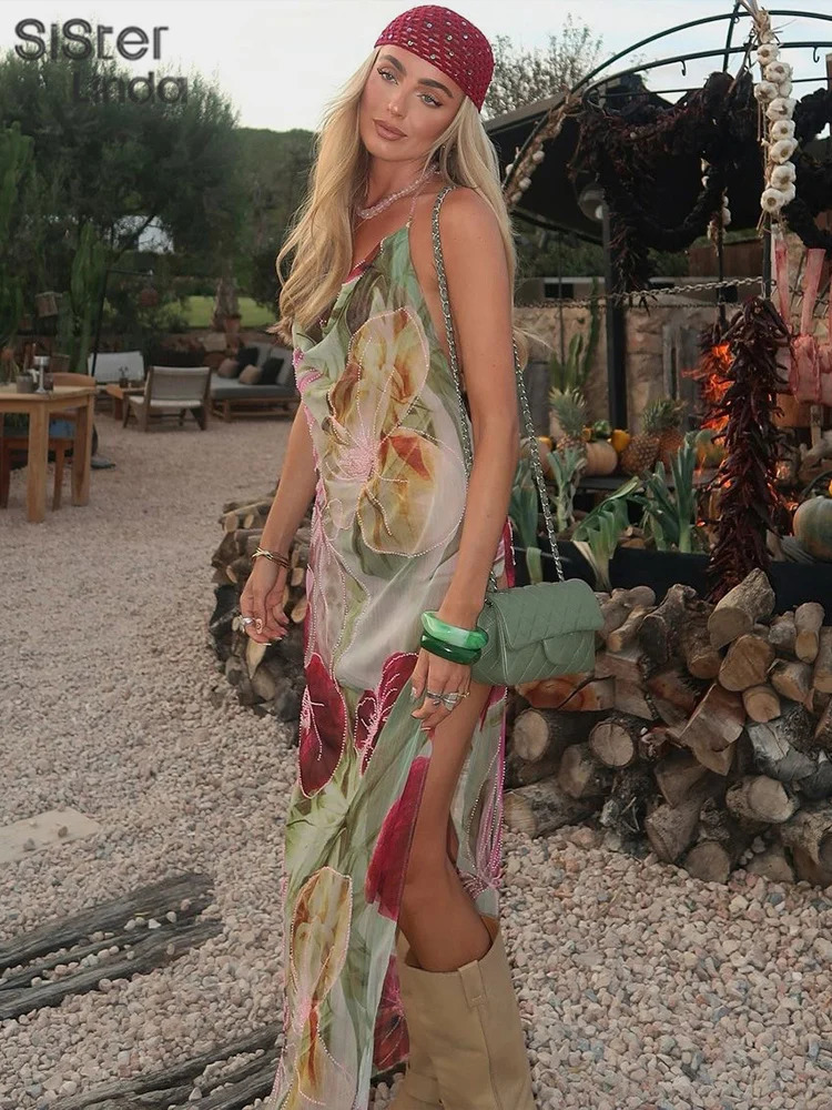 Sisterlinda Autumn Release Junior Ankle-Length Sexy High Street Dress K24D57158Girl Printing Slim Cleavage Backless Fashion Robe 250320