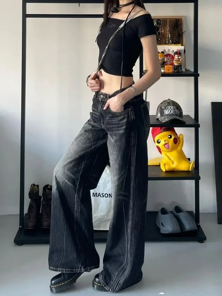HOUZHOU Grunge Y2k Black Jeans Women Baggy Vintage High Street Oversized Denim Trousers Gothic Gyaru 2000s Acubi Fashion Jeans 250320