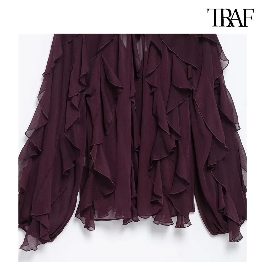 TRAF Fashion loose stacking decorative shirt casual solid color pleated sleeves 2025 Burgundy mesh womens 250312
