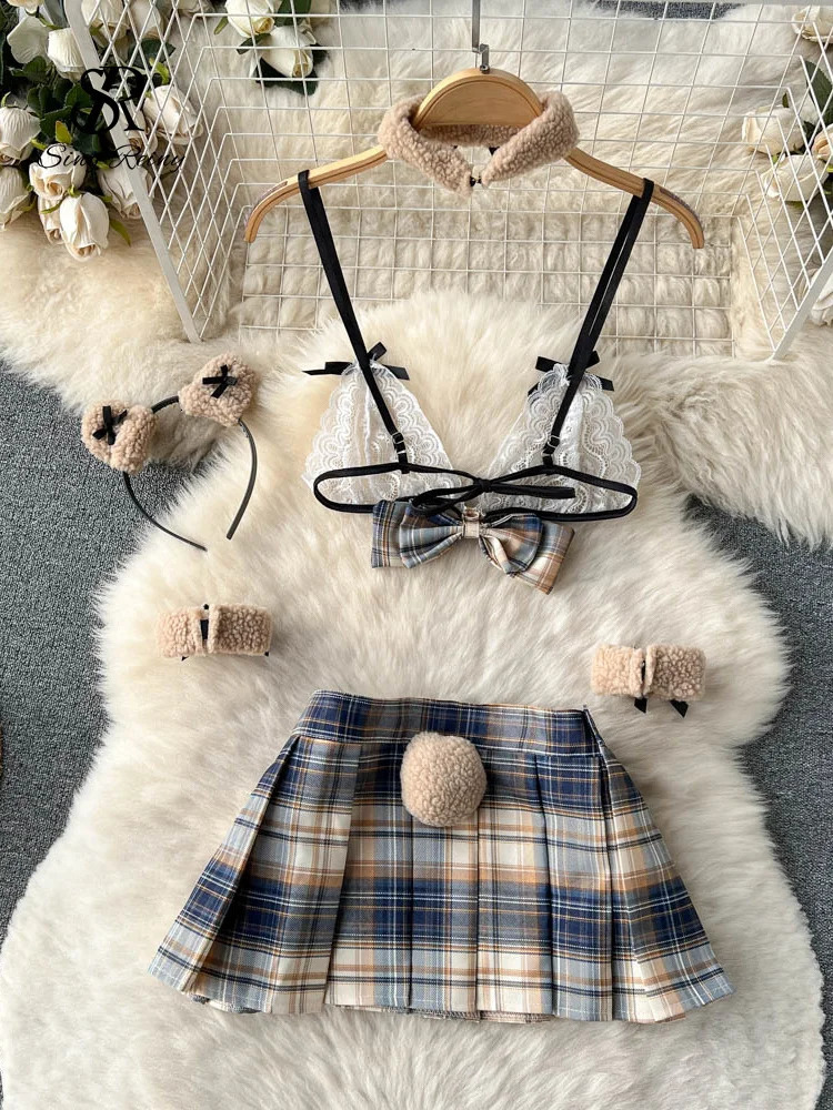 SINGREINY Summer Sexy Bra Brief Two Pieces Sets Lace Bow Strap Camis Pleated Short Skirt Bra Suits Women Thin Underwear 250320