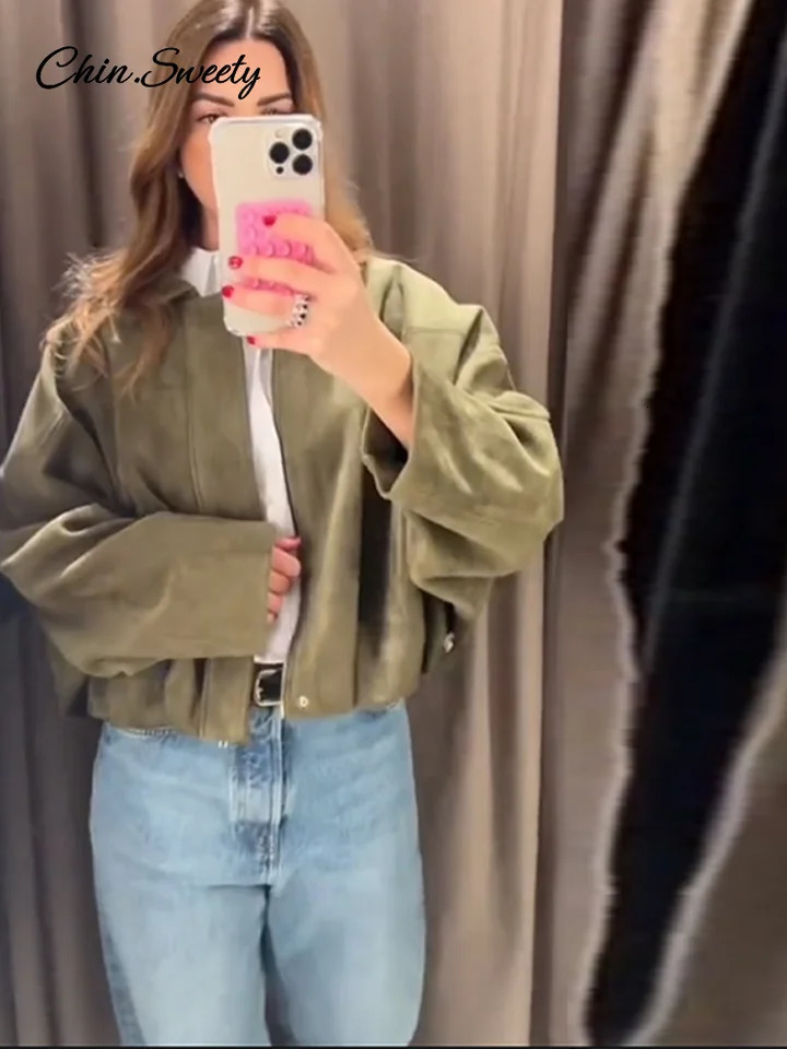 Brown Green Suede Jacket Women Lapel Zipper Long Sleeve Pockets Bomber Coat 2025 Spring Autumn Lady Loose Motorcycle Outwears 250313
