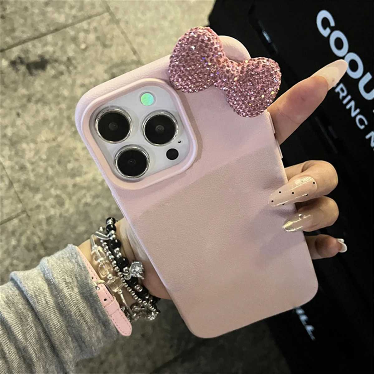 Luxury rhinestone bow Litchi pattern leather phone case suitable for 16 15 14 13 11 Pro Max cute bow shock resistant soft phone caseXJ250321
