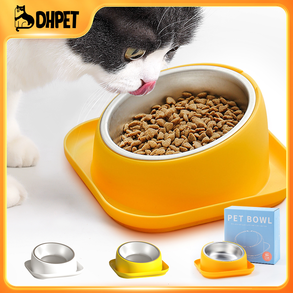 DHpet Tilted Angle Dog Bowl 15° Slanted Stainless Steel Dog Cat Food Bowl Water Bowl Non-Spill Safeguard Neck for Dogs Cats & Pets
