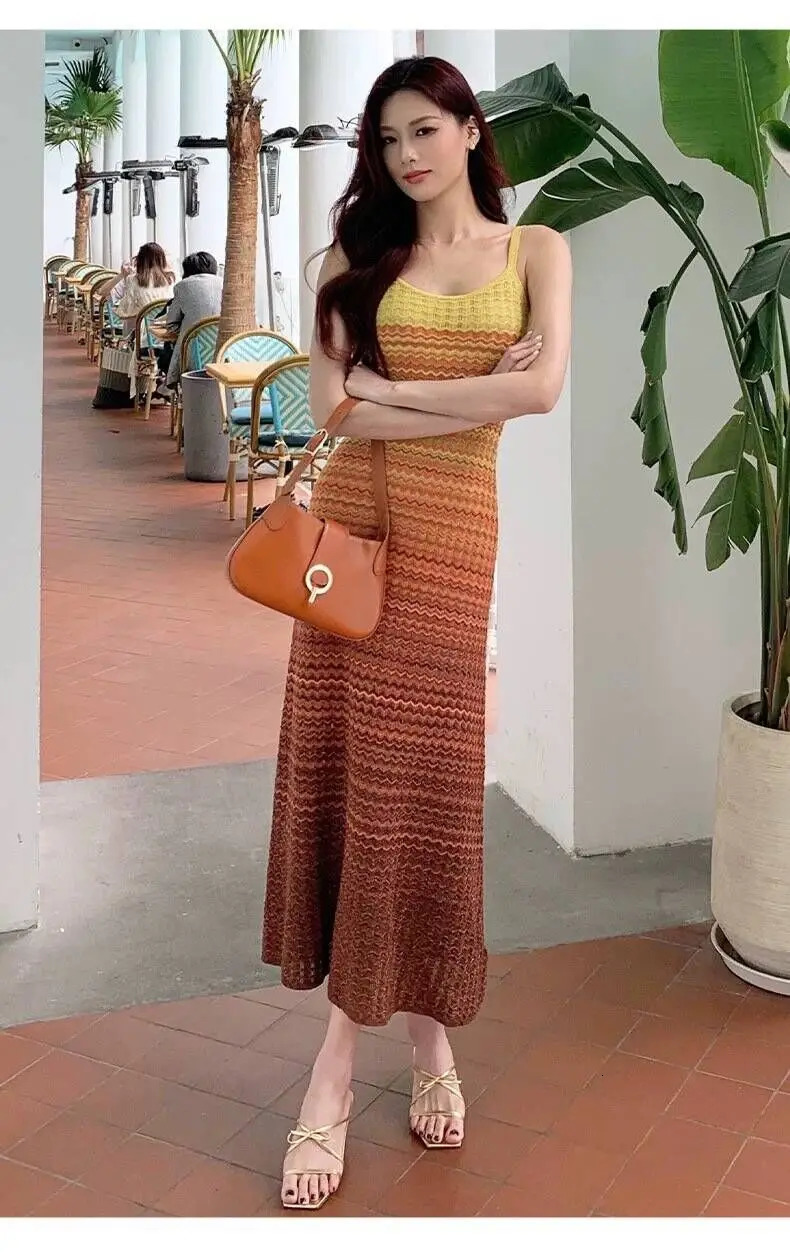 Summer Knitted Long Dress with Hollow Open Skirt Rainbow Gradient Italian Noodles Shoulder Strap Sexy Elegant Dress Womens Wear X1393 250320