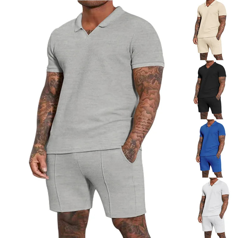 Mens clothing set summer item oversized heavy-duty waffle collar polo short sleeved set 250318