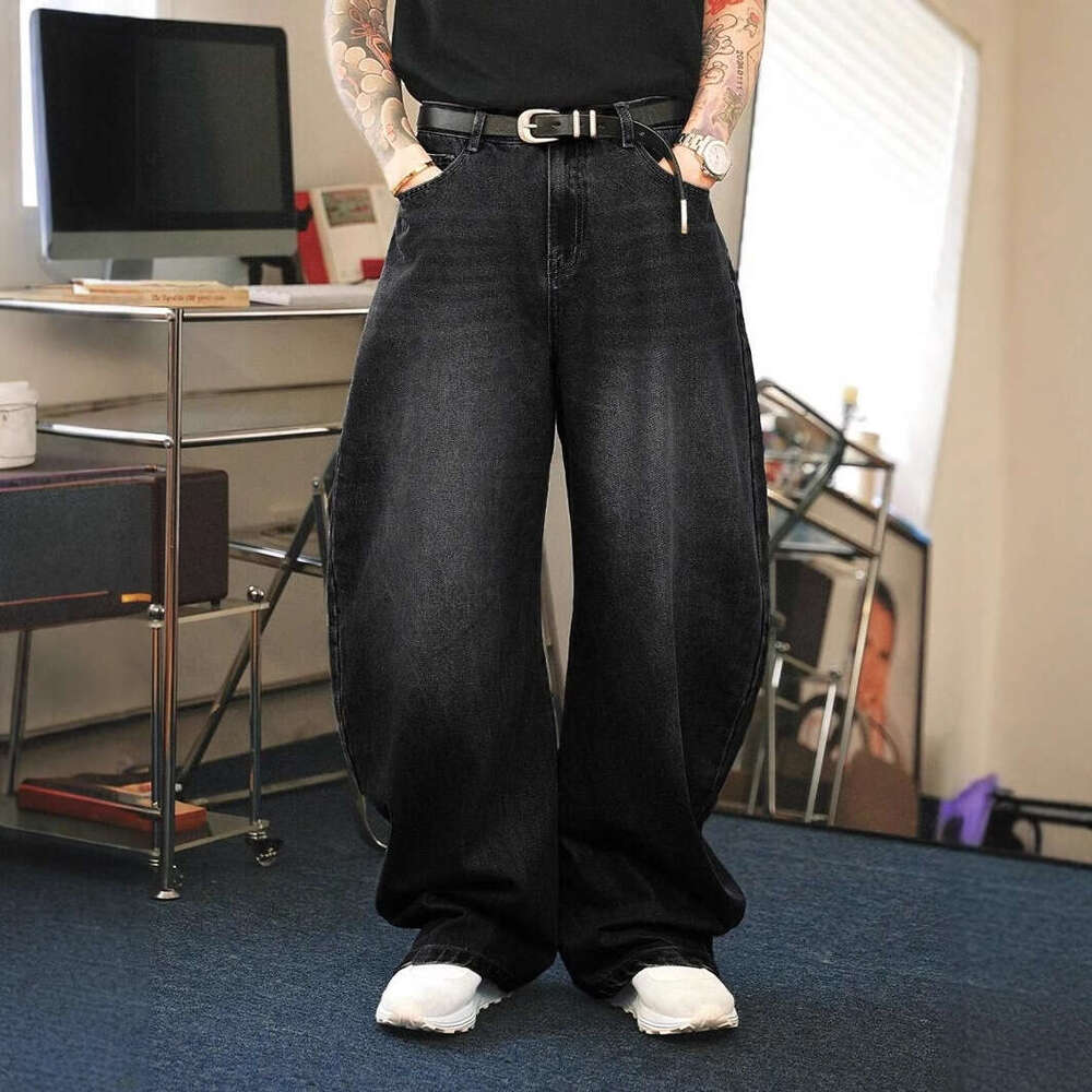 American high street trend black loose wide straight leg casual jeans for men and women