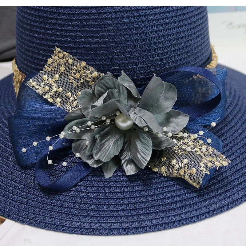 Fashion Women Summer Womens Sun Hat Bucket Cap Beige Lace Bowknot Flowers Ribbon Flat Top Straw Hat Beach Caps Panama Gift 250320
