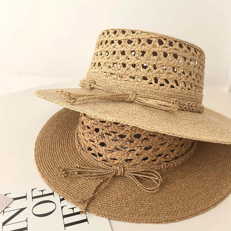 hollow flat top natural Rafia grass hat for women summer French SunHat beach Sunhade beach hat 250320