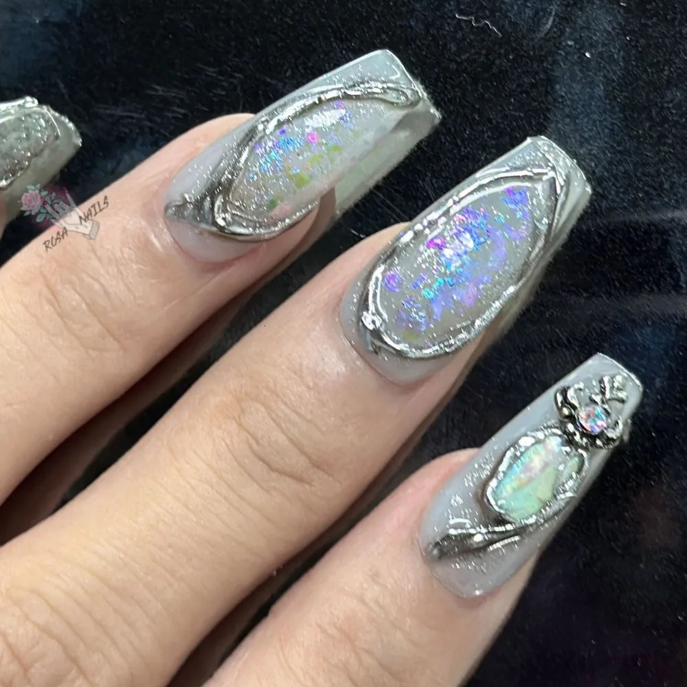 Fake Nails y2k Rainbow Discoloration Effect Handmade Tips Shine Chameleon Flakes Hologram Mirror Manicure Gothic Press on Nails 250319