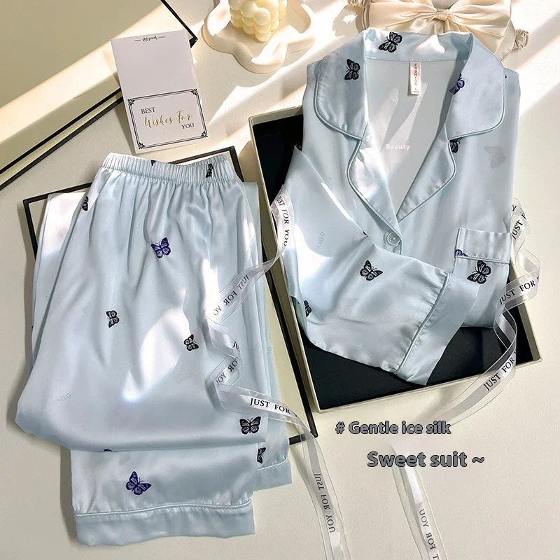 Spring and Autumn Ladies Ice Silk Pajamas Homewear Suit Women Long-Sleeved Small Butterfly Printing Pajamas Homewear Suit 250320