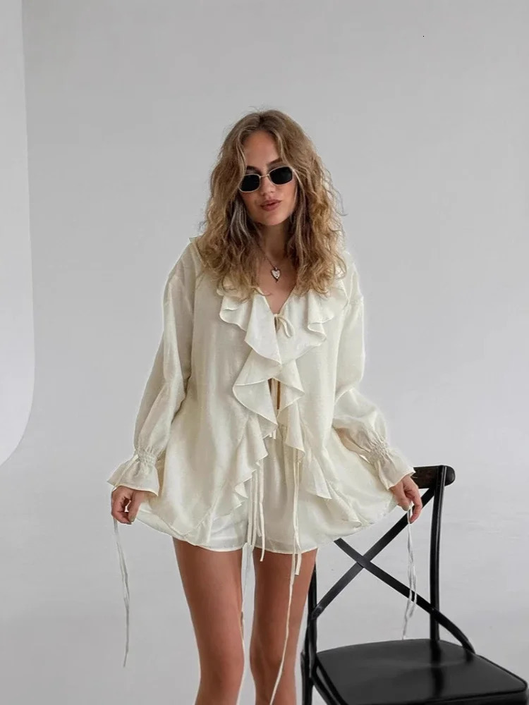 Summer Fashion Womens Elegant Shorts Set with Ruffle Edge Temperament Casual Sports Tie Up Two-piece Set 250320