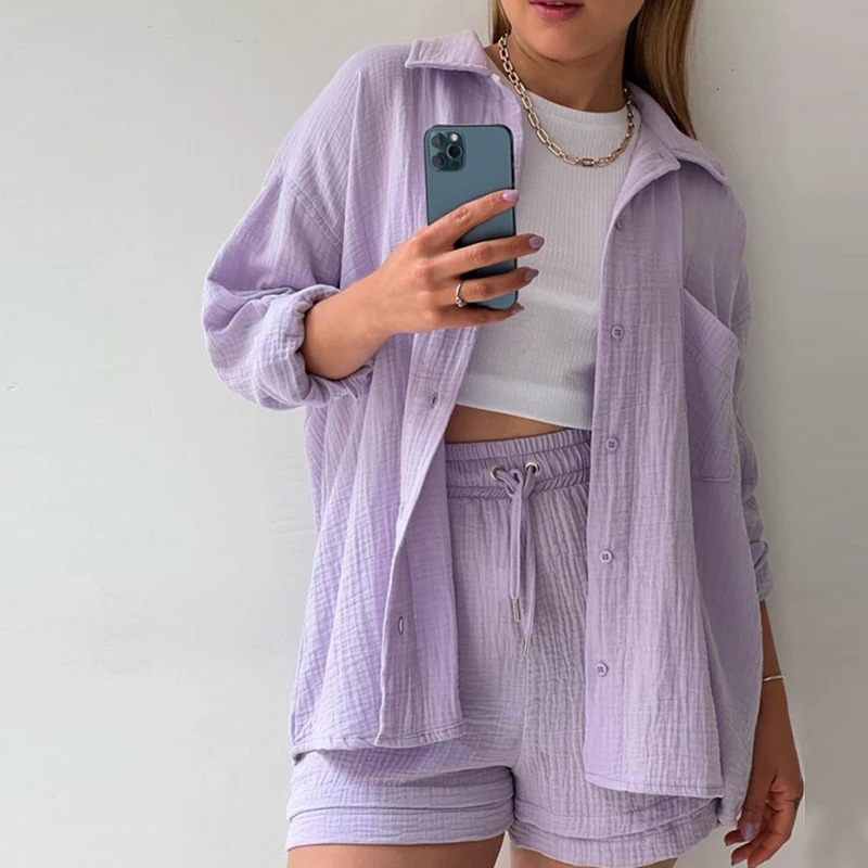 Lace loose long sleeved pocket shirt and 2-piece solid casual suit thin womens clothing 250318