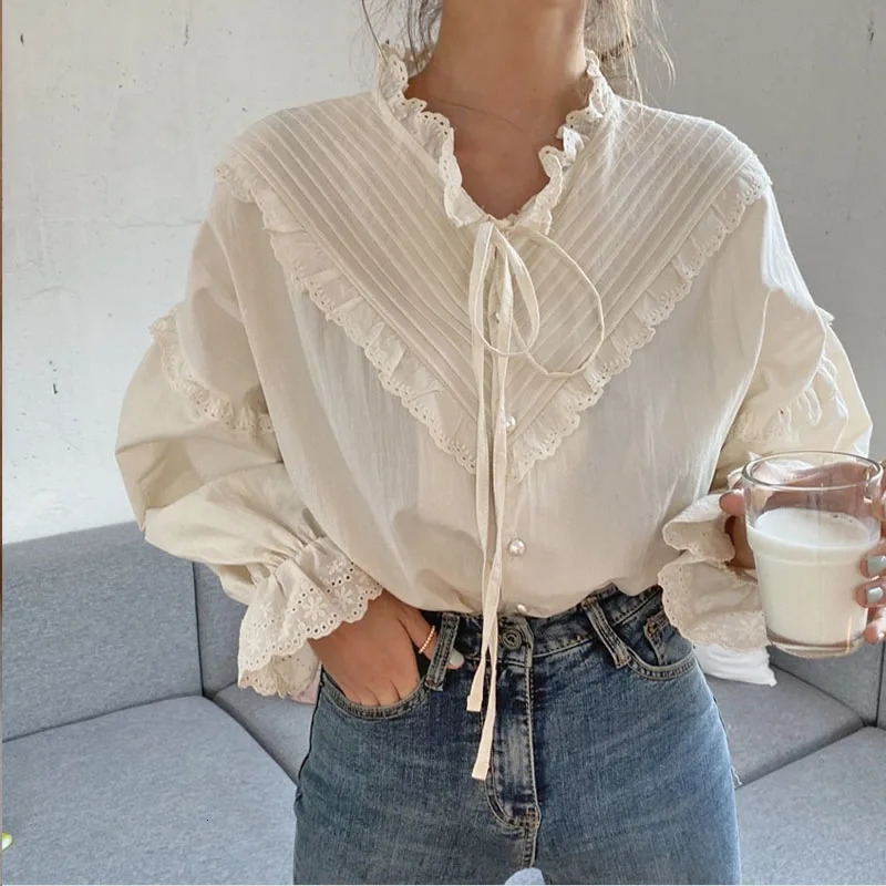 Spring Summer Vintage Fashion Long Sleeve Women Lace Blouse Elegant Hollow Out Solid Lace Up Bow Loose Blouses 9580 250320
