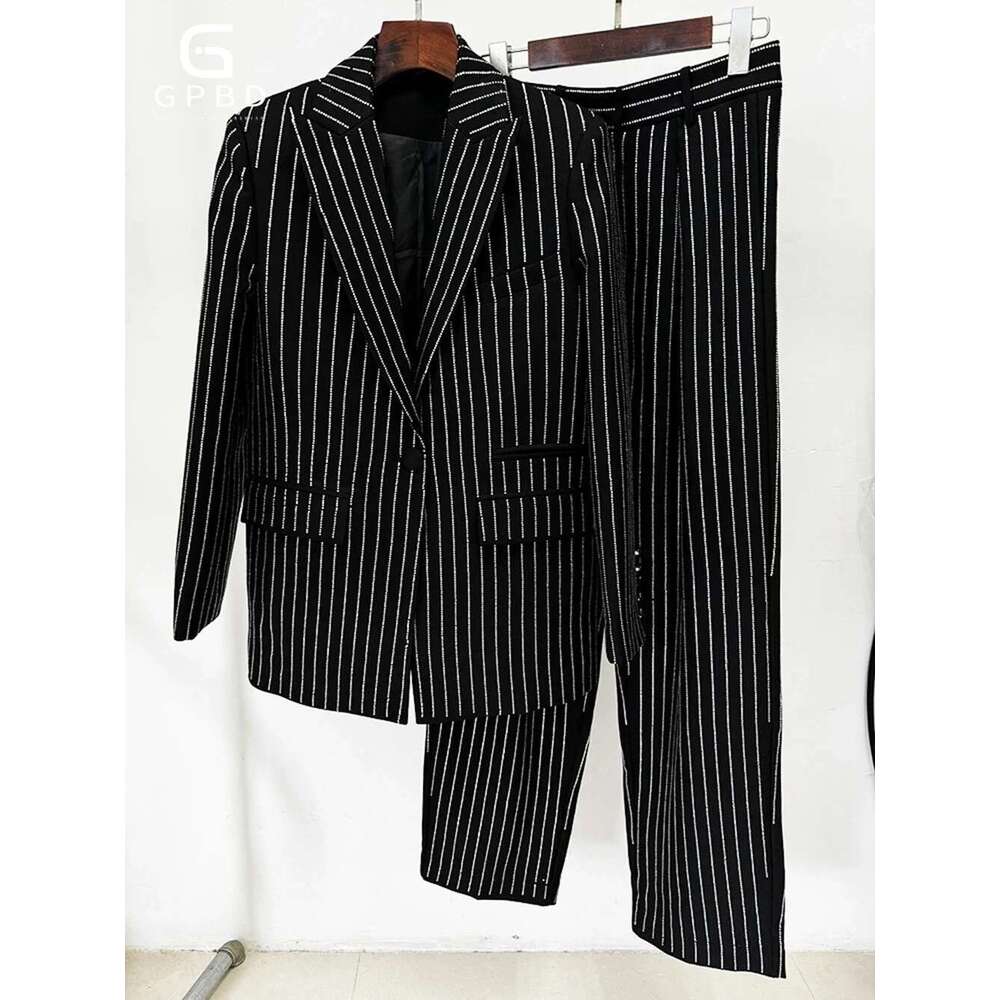 Fashion Autumn Pant Suit Women Hot Drill Striped Female Runway Work Wear Jacket Blazer And Trouser Formal 2 Piece Set
