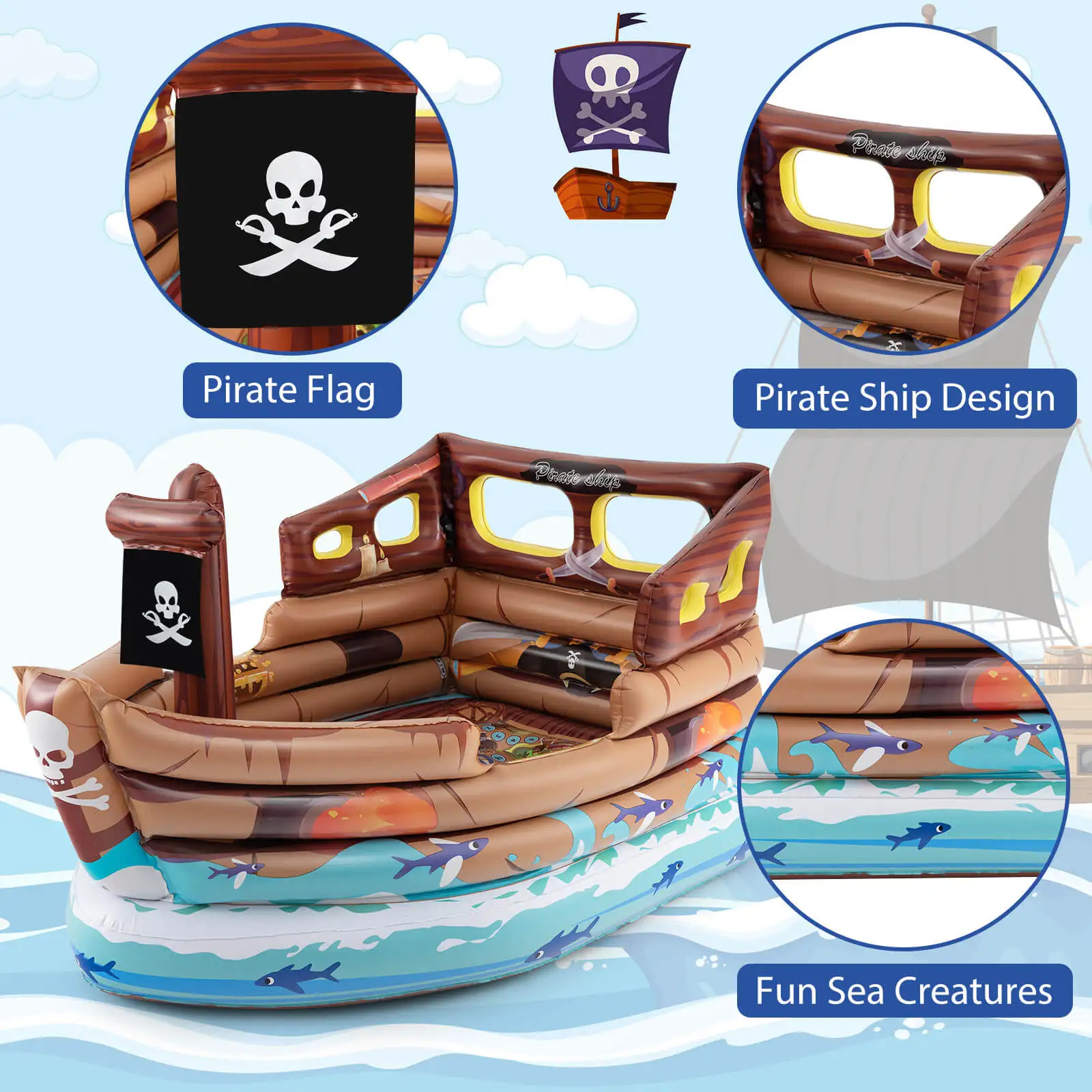 Inflatable pirate ship Playhouse wbuiltin motor inflatable toy sword 250321