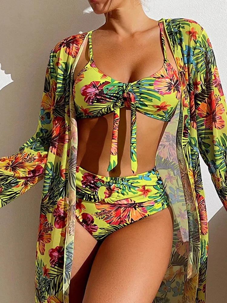 OIINAA Plant Printed Swimwear Women Bikini Set Lace Up ThreePiece Beach Cover Female Swimsuit Bathing Beachwear Fashion 250320Z