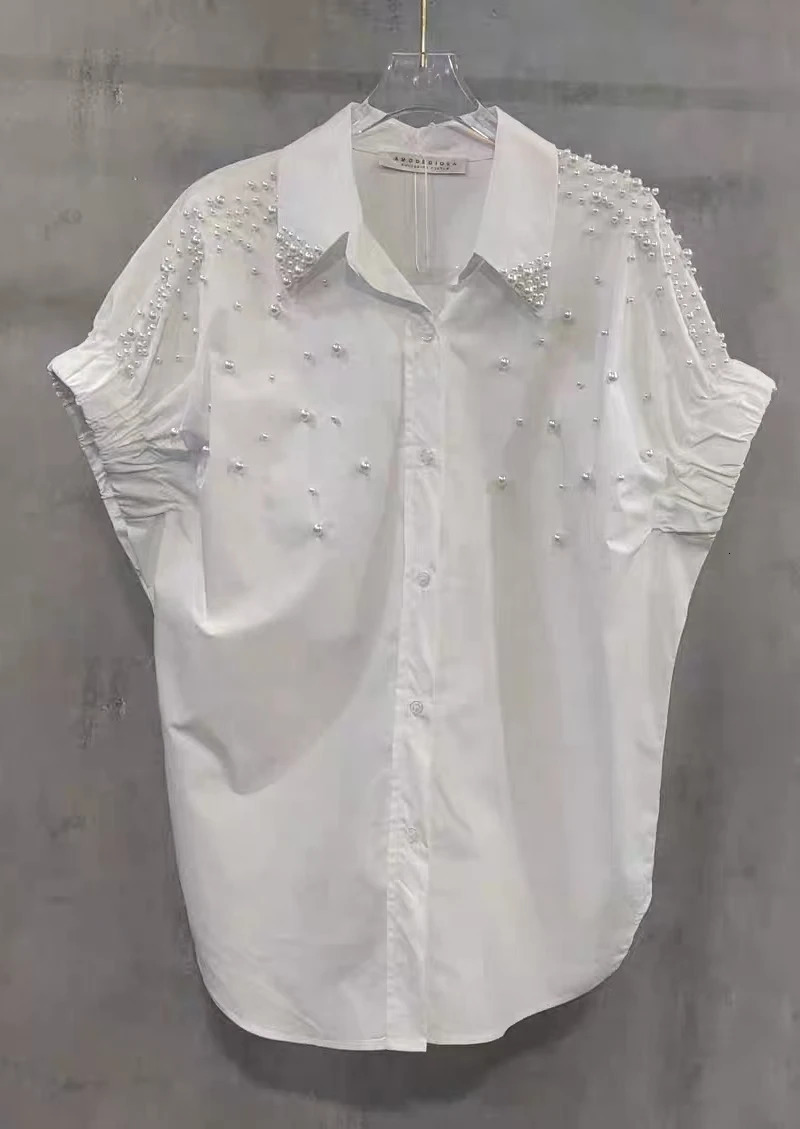 High-end Pears Beaded Loose Casual Cotton Short Sleeve Shirts Blouses For Women 2025 Spring Summer Single Breasted Tops Blusas 250320
