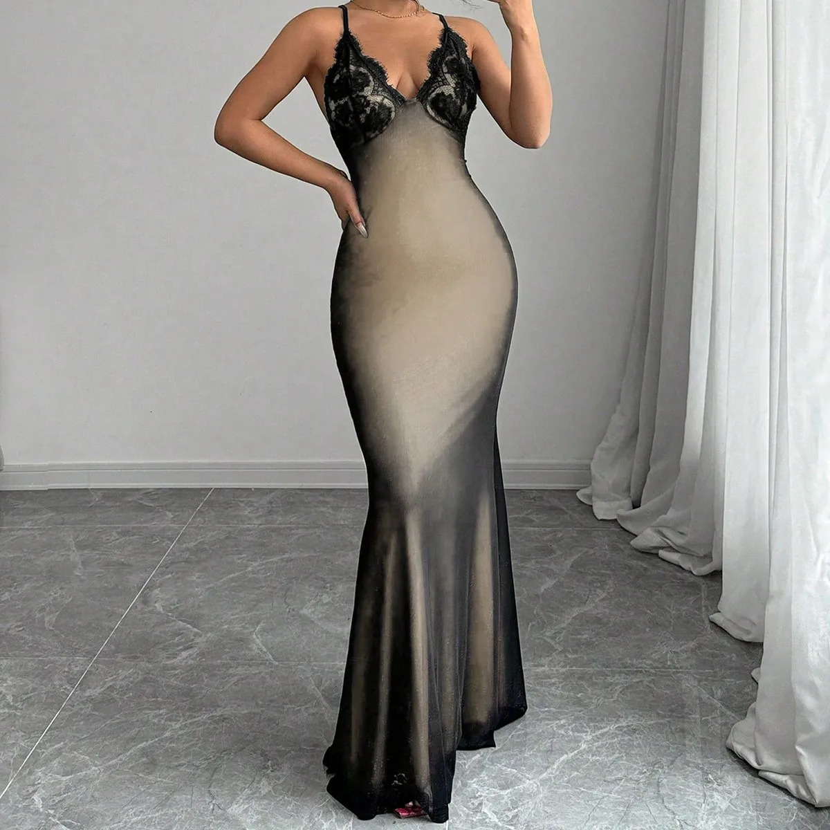 V-neck lace panel Crisscross back fishnet detail womens long skirt 250318