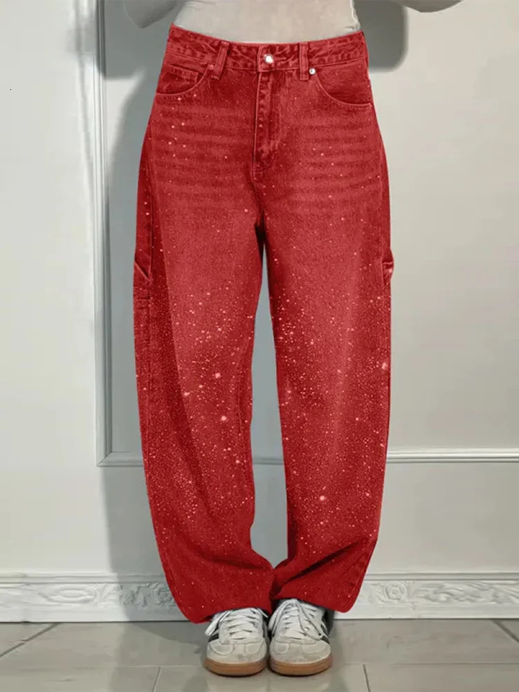 Shiny Rhinestone Baggy Womens Harem Jeans Full Diamond Wide Leg Dragging Denim Pants Vintage Washed Pants Y2k Hip Hop Trousers 250320