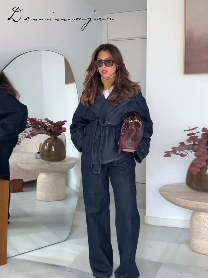 Retro denim jacket denim suit womens notch with long sleeved jacket straight leg mens spring streetwear 250320