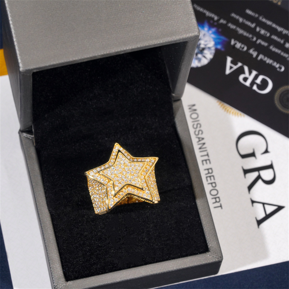 Hip hop S925 silver set D-color VVS Mozambique pentagram ring for men and women in Ins fashion trend full diamond