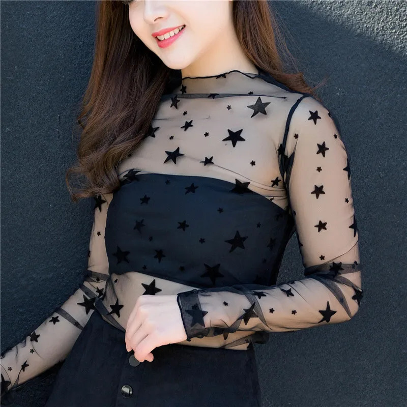 Womens Skey Black Lace Tshirt Sweetheart Lady Turtle Neck Long Sleeve See Through Top Match Y2K Cover Korean Chic 250311