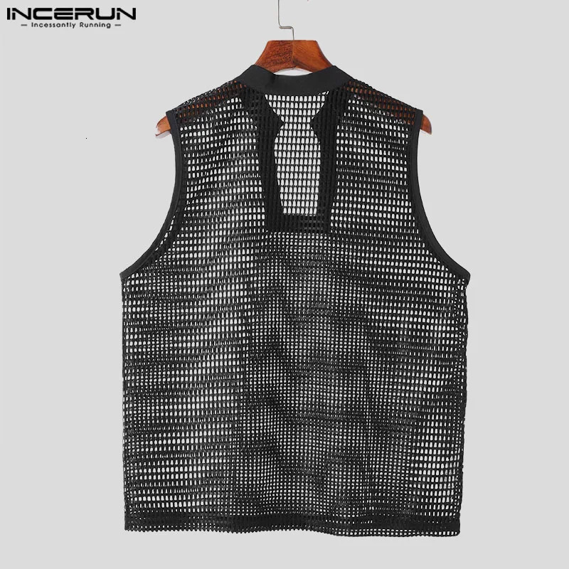 Mens Tank Top Solid Color Stand up Collar Sleeveless Hollow Mens Tank Top Transparent Street Clothing Mens Clothing INCERUN 250318