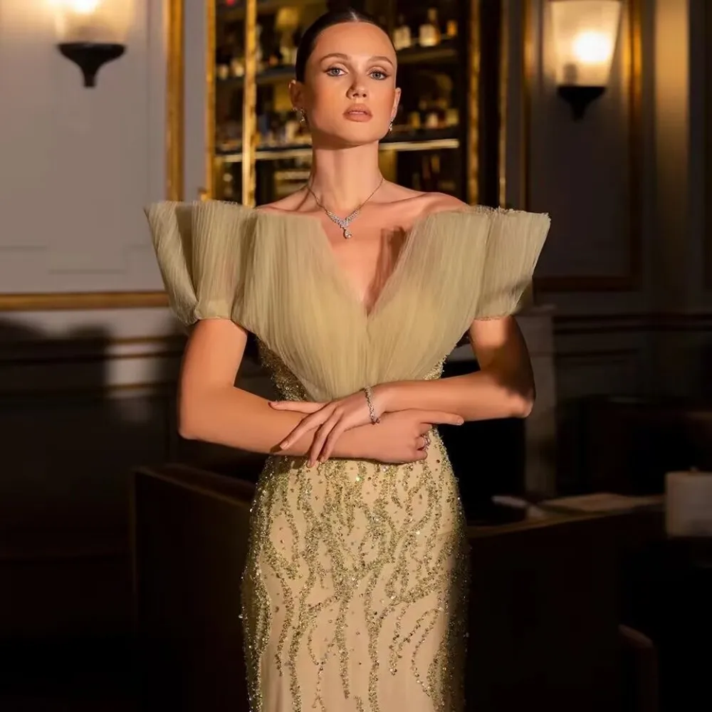 Fashion Evening Dresses For Women Off Shoulder Sleeveless Gown Sequins Ruffles Sweep Train Party Customized Dress