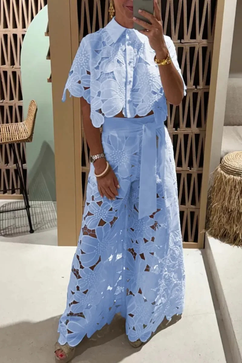 Elegant collar half sleeved crop topwide leg pants sexy hollow 2-piece set for womens fashion spring solid color loose fitting womens set 250320