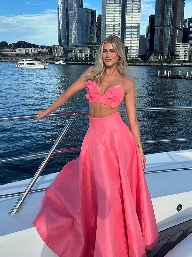 2025 Women Chic 3d Pink Flower Applique Cropped Tops Set Fashion High Waist Long Skirts 2 Piece Suit Sexy Vocation Beach Outfits 250320