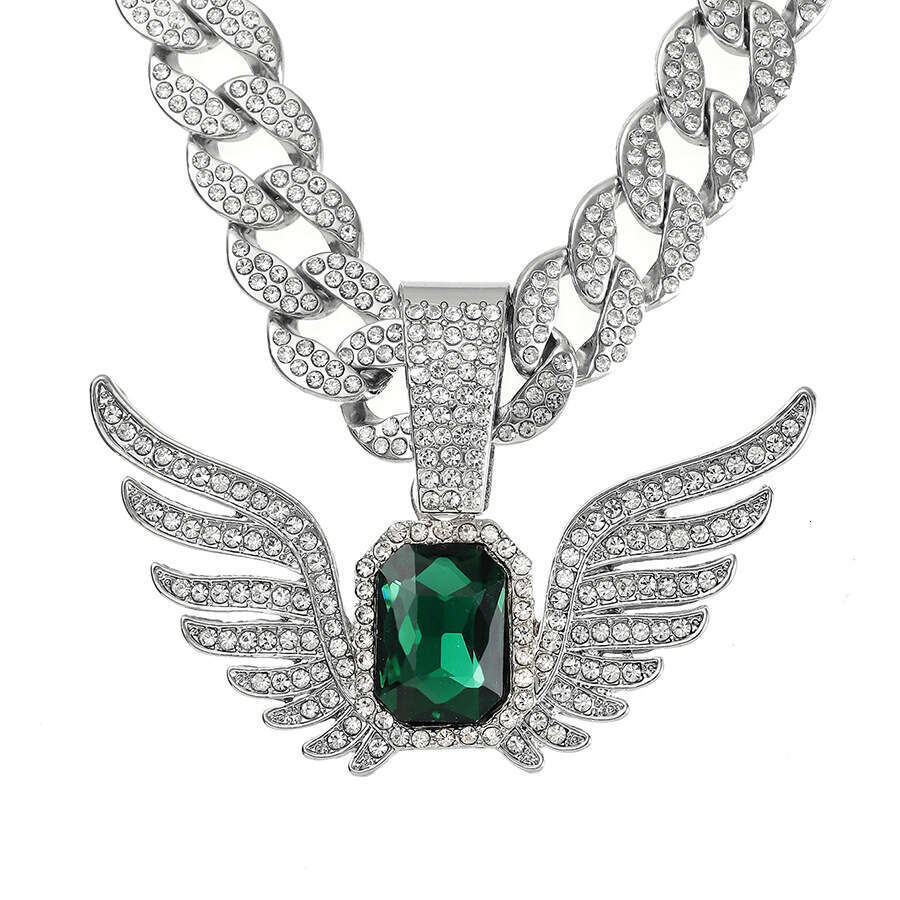 Light niche men and women fashion angel ins wing pendant emerald hip-hop rock sugar Cuban chain