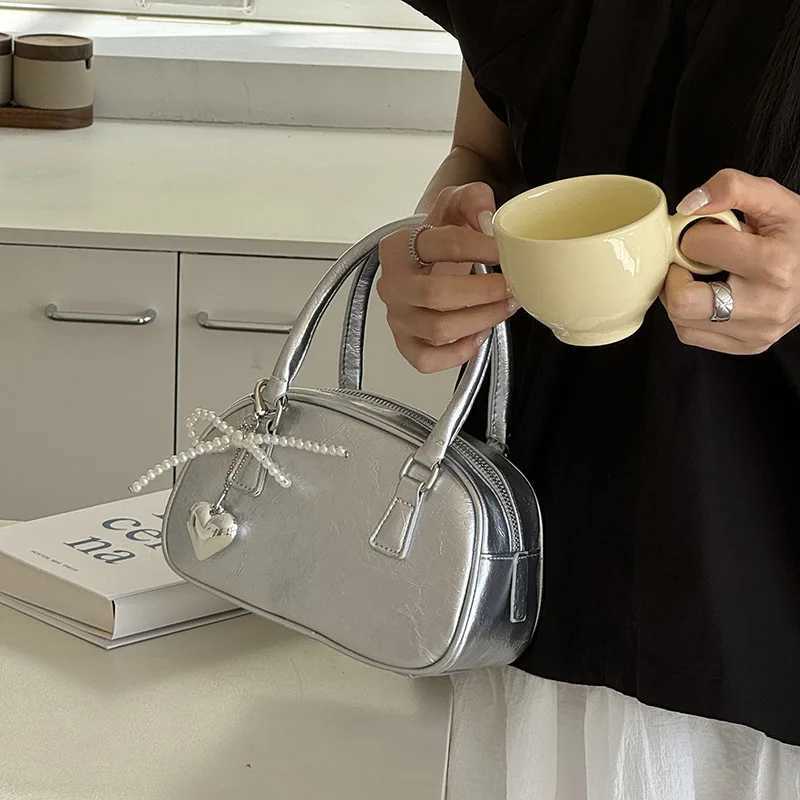 Silver Small Square Bag PU Handheld Crossbody Bag Bowling Bag Fashion Casual Womens Boston Commuter Bag Y250320