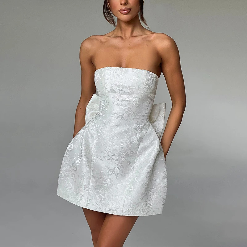 Townlike Jacquard Waist Wrap A-line Dress Women Mini Spring Summer Dress Elegant Bow Backless Sexy Party Dresses 250320