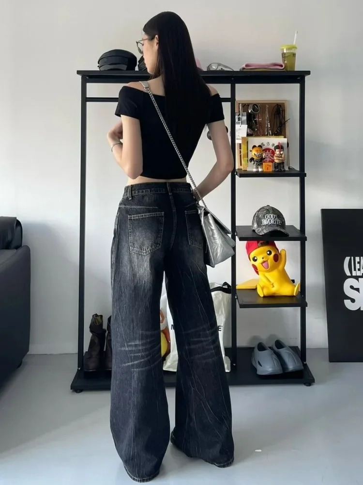 HOUZHOU Grunge Y2k Black Jeans Women Baggy Vintage High Street Oversized Denim Trousers Gothic Gyaru 2000s Acubi Fashion Jeans 250320