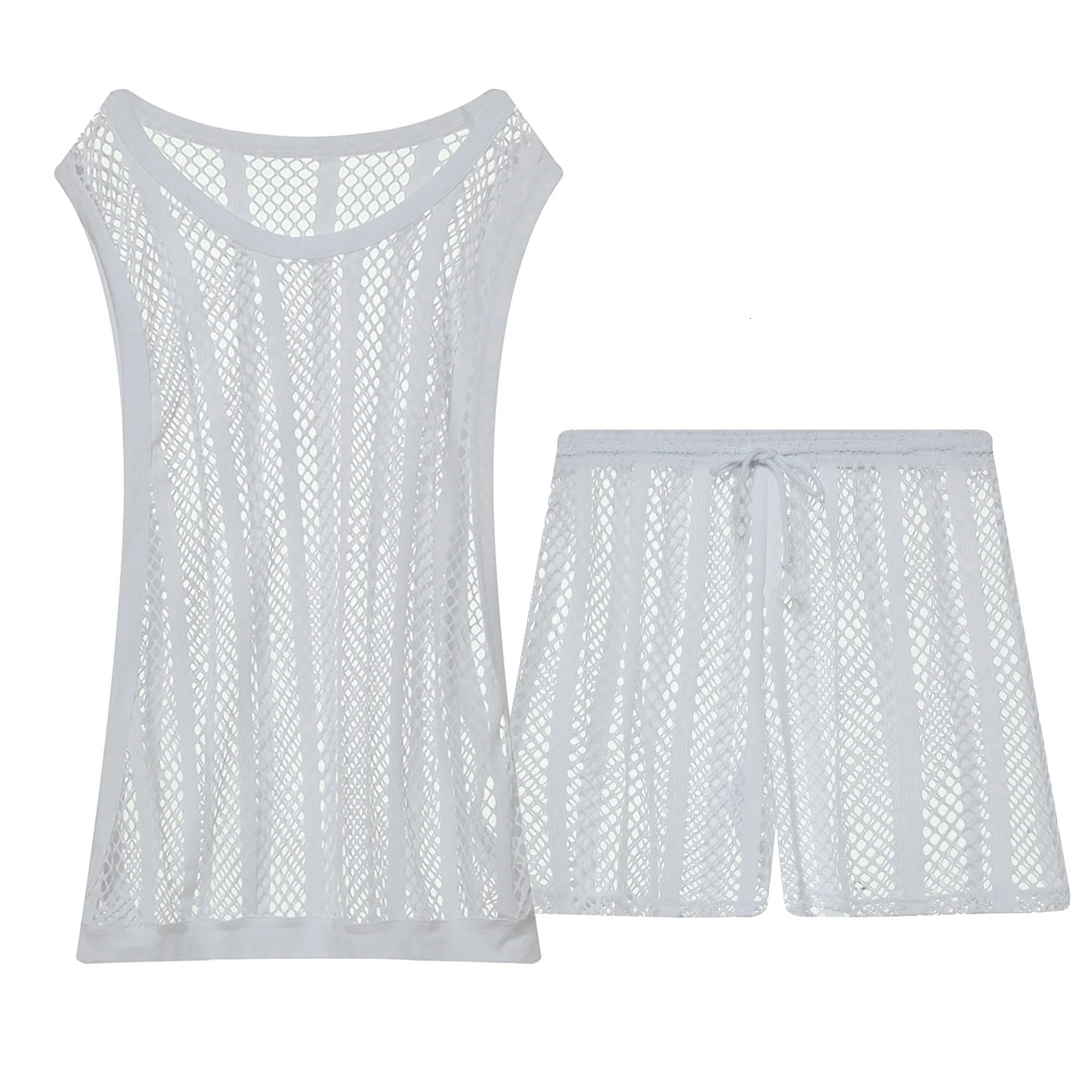 CLEVER-MENMODE Mens Undershirt Set Mesh Tank Tops Boxers Sexy Sheer Fishnet Hollow Sleeveless Singlet Shorts Nightwear 250314