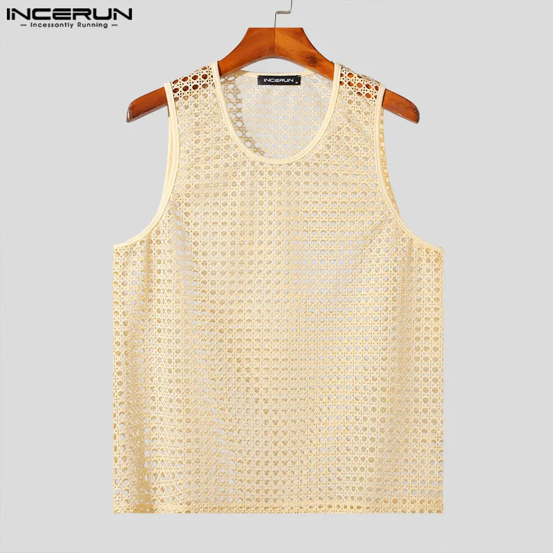 INCERUN Tops American Fashion Mens Vacation Style Hollow Mesh Tank Top Sexy Casual Summer Mens Sleeveless Tank Top S-5XL 250318