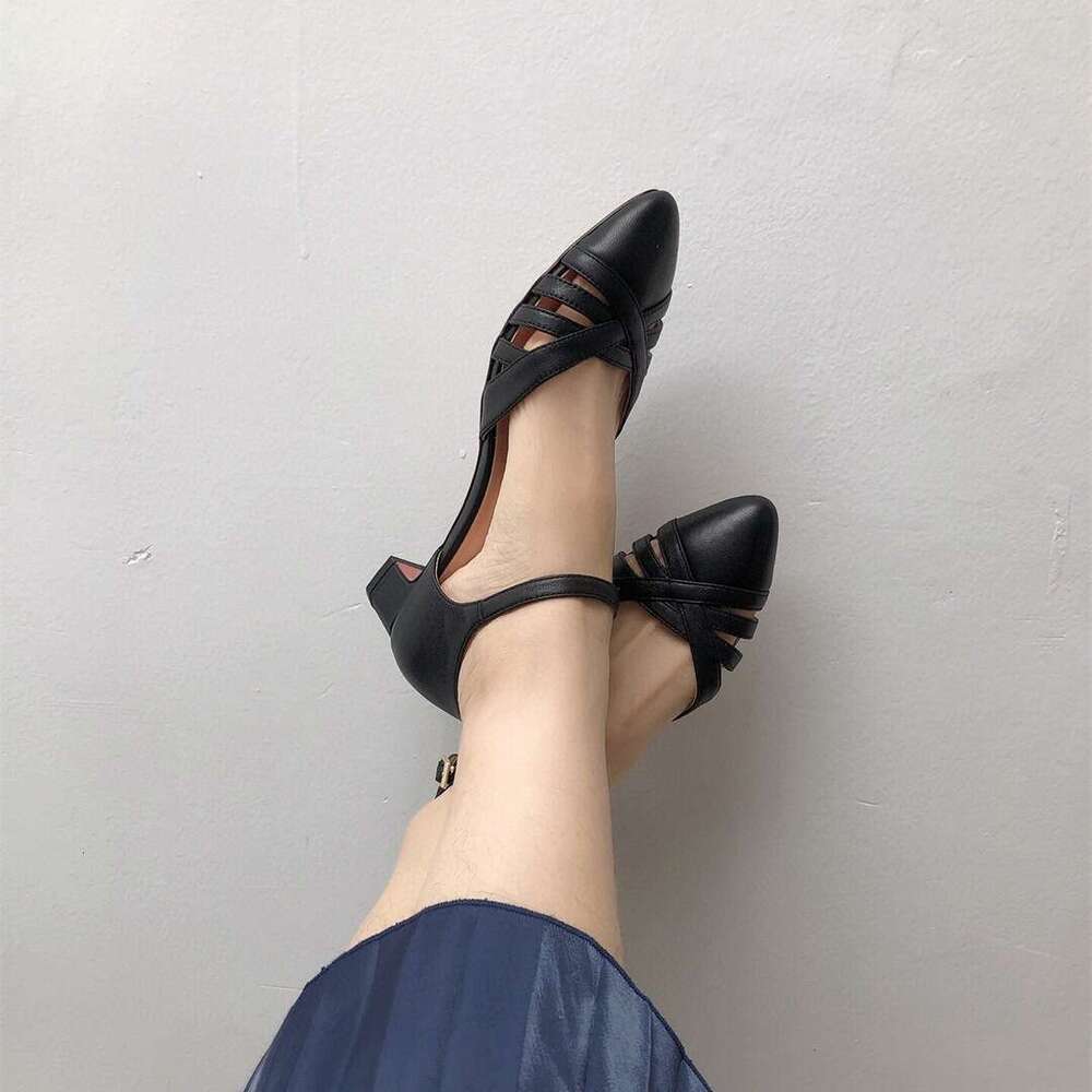 High Heel Dongguan Made Full Sheepskin Thick Heel Pointed Buckle Hollowed Out Middle Mouth Single Shoes High Heels Roman Toe Sandals For Women