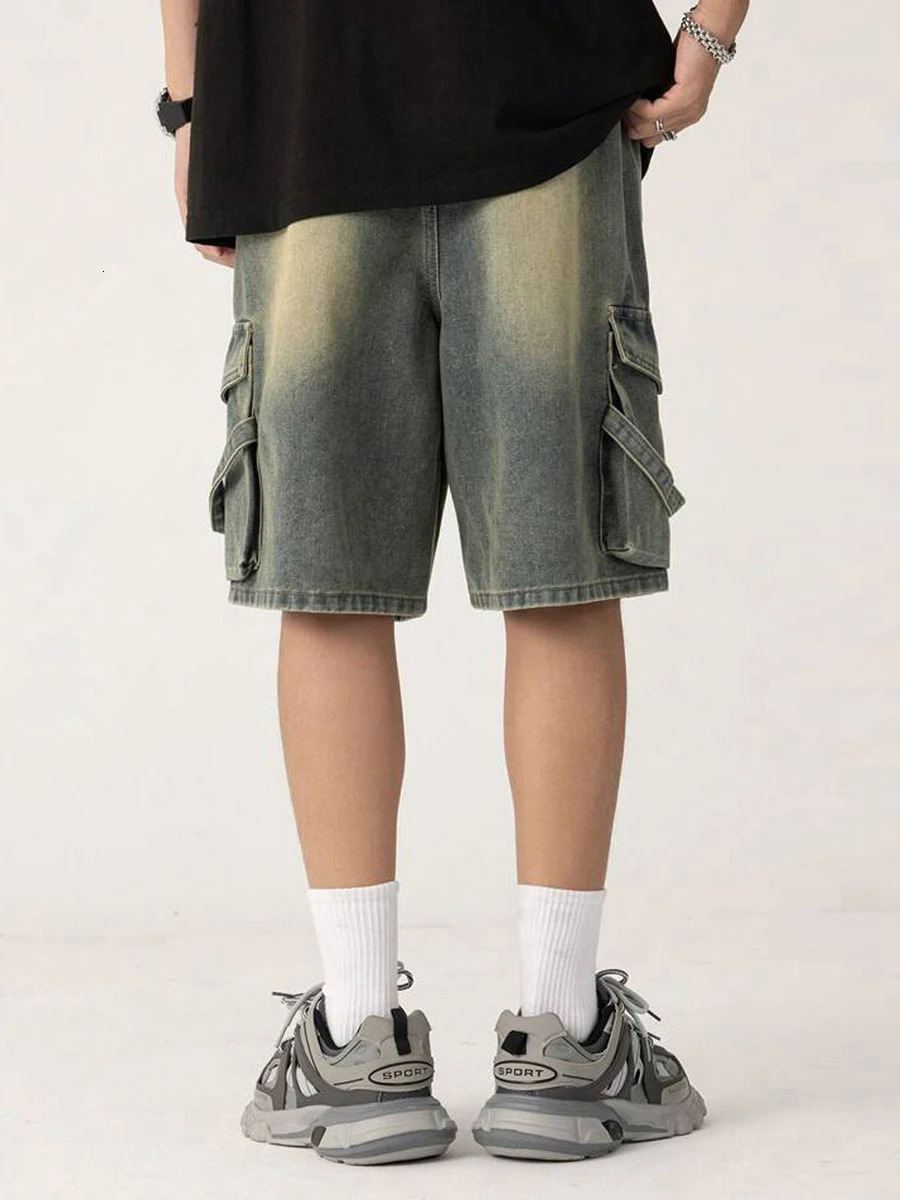 Mens Denim Shorts Stylish Elastic Waist Contrast Color Casual with Pockets for Summer Streetwear Fashion 250312