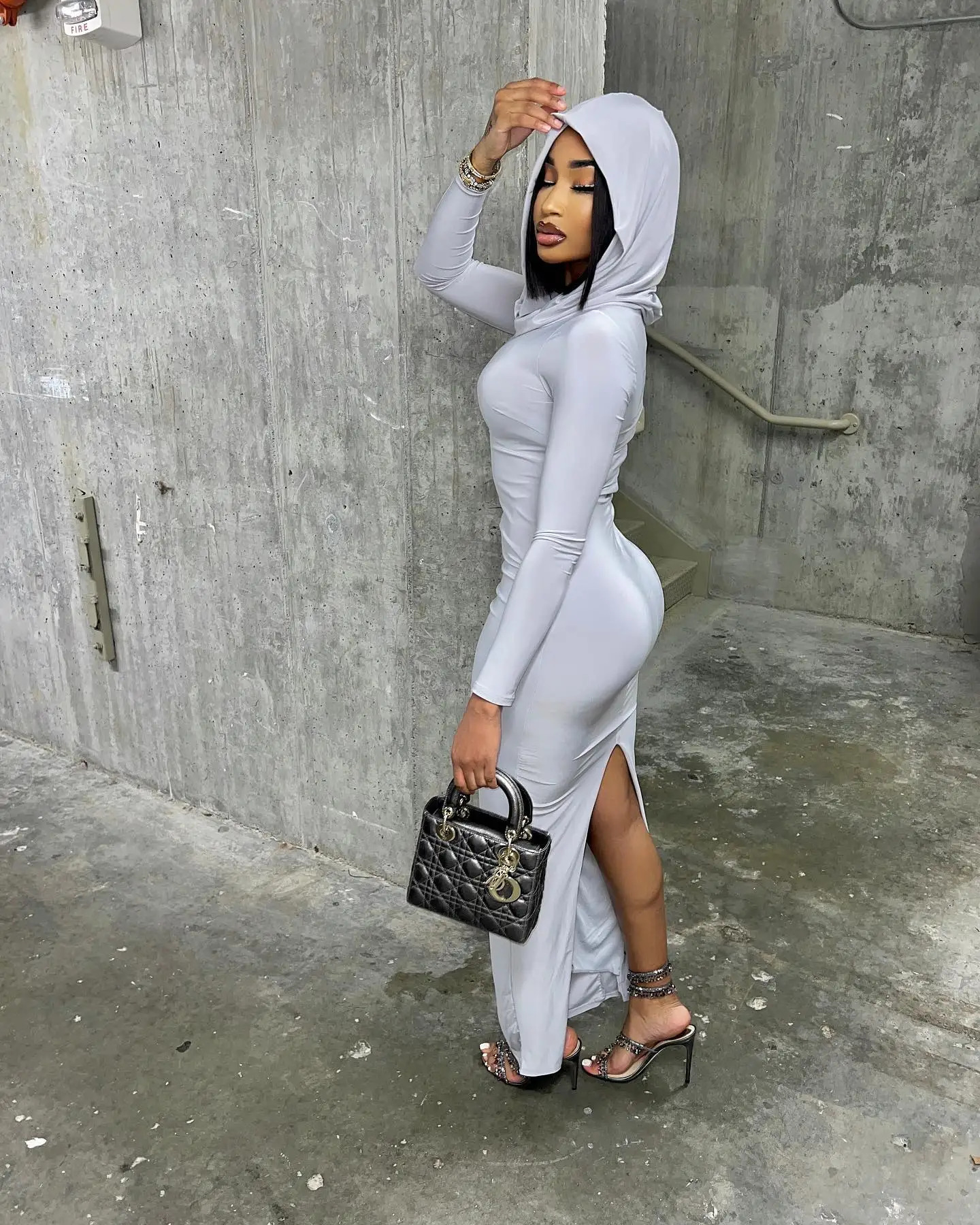 Autumn Product Fashionable Solid Color Slimming Wrinkle Hoodie Bag Hip Split Look Dress For Women 250320