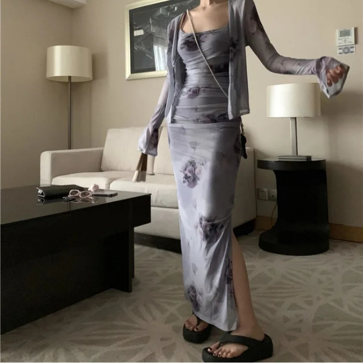 Vintage Rose Tie Dyed Slim Fit Strap Dresses Y2k E-Girl Long Sleeve Sun Protection Tops Women Summer Two Piece Sets 250320