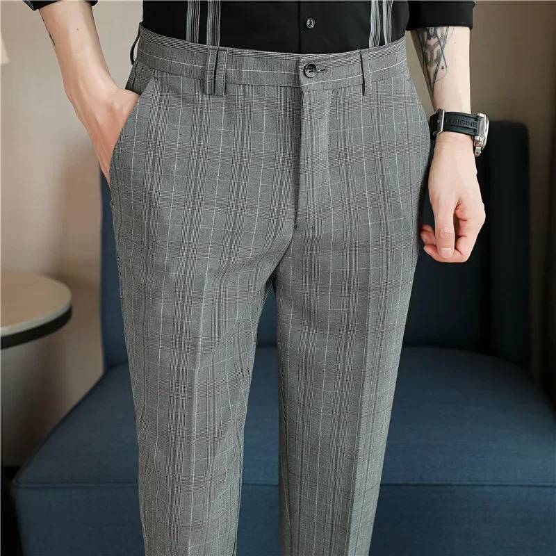 Dark Gray Mens Plaid Suit Pants Fashion Slim Streaks Trousers Korean Navy Blue Pantalones Hombre 28-3233343638 Male Pant 250320