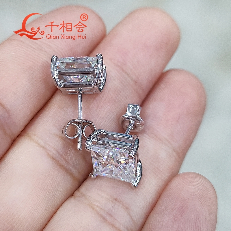 S925 silver 8*8mm 2ct square shape D VVS moissanite stone ear stud Earring for jewelry gift dating women wedding