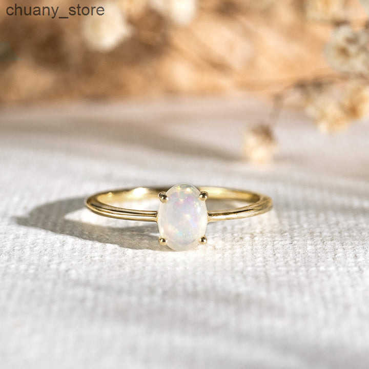 Solitaire Ring Gemnel 925 Sterling Silver Natural Opal Oval Stone Dainty Ring Gemstone Jewelry Basic Classic Tiny Band Rings z250321
