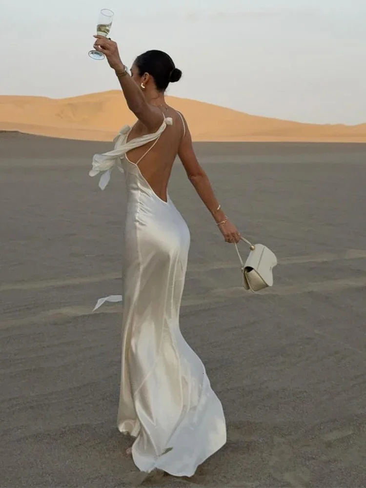 Sexy Lady Solid Color Satin Strap Backless Long Dress Elegant Lace Up Sleeveless Maxi Dresses Woman Evening Party Robe 250320