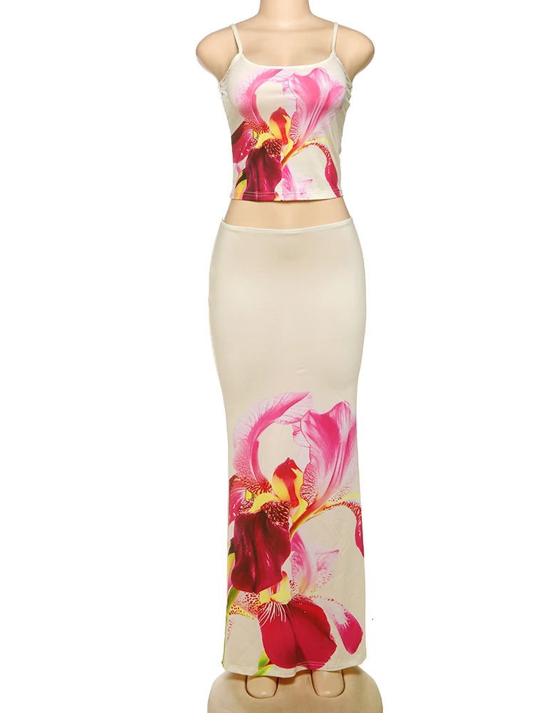 Weird Puss Flower Print 2 Piece Set Women Low-Neck Backless Crop TopsStretch Long Skirts Vacation Trend Beach Style Outfits 250320