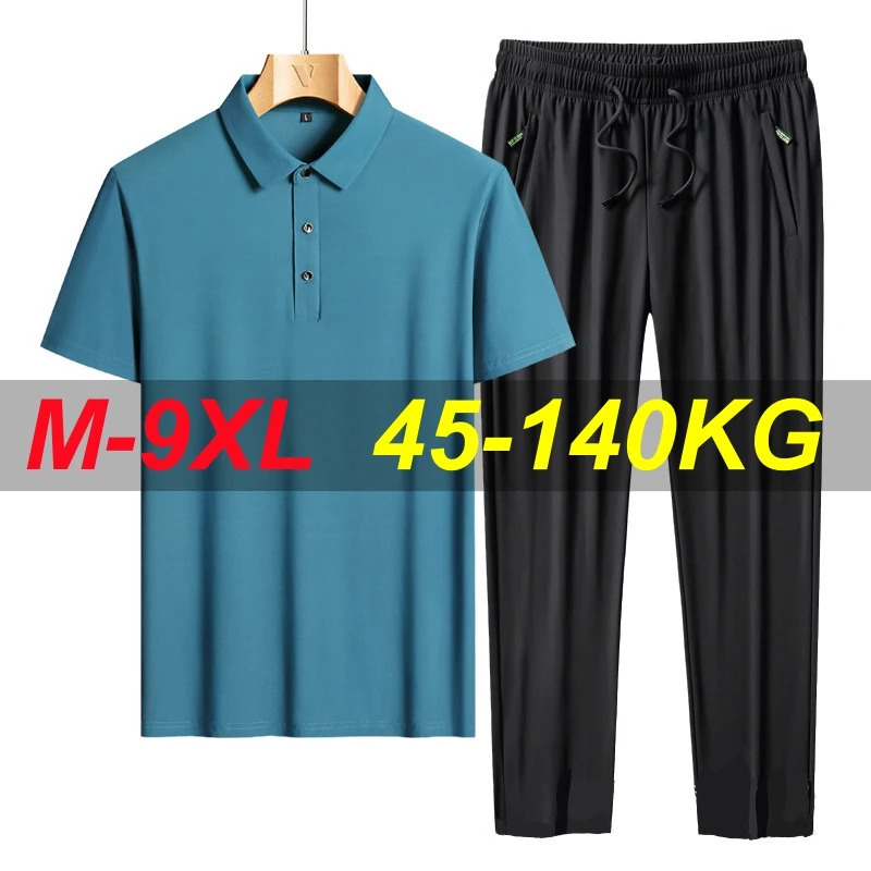 9xl 8xl Men Polo Shirt Pants Suit 2pcs Mesh Fabric Oversize Short Sleeve Polos Ice Silk Quick Dry Sportswear Loose Tracksuit Set 250318
