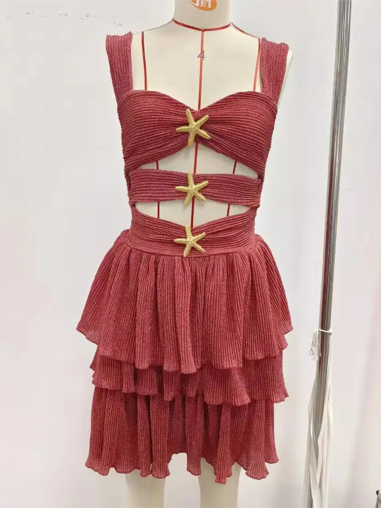 Hollow Out Starfish Sequin Slim Dresses Womens Sleeveless Backless Ruffle Hem Mini Vestidos Fashion Club Party Holiday Dress 250320