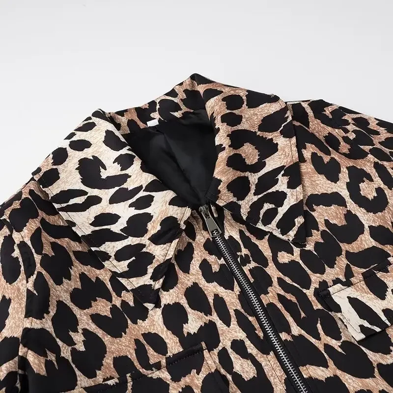 Y2K TRAF Leopard Print Jackets for Women Spring Chic Turndown Collar Coat Female Front Zipper with Pockets In Outerwear 250320